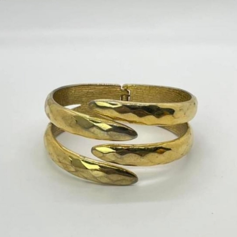Shiny Gold Tone Diamond Pattern Hinged Clamper Style Cuff Bracelet
